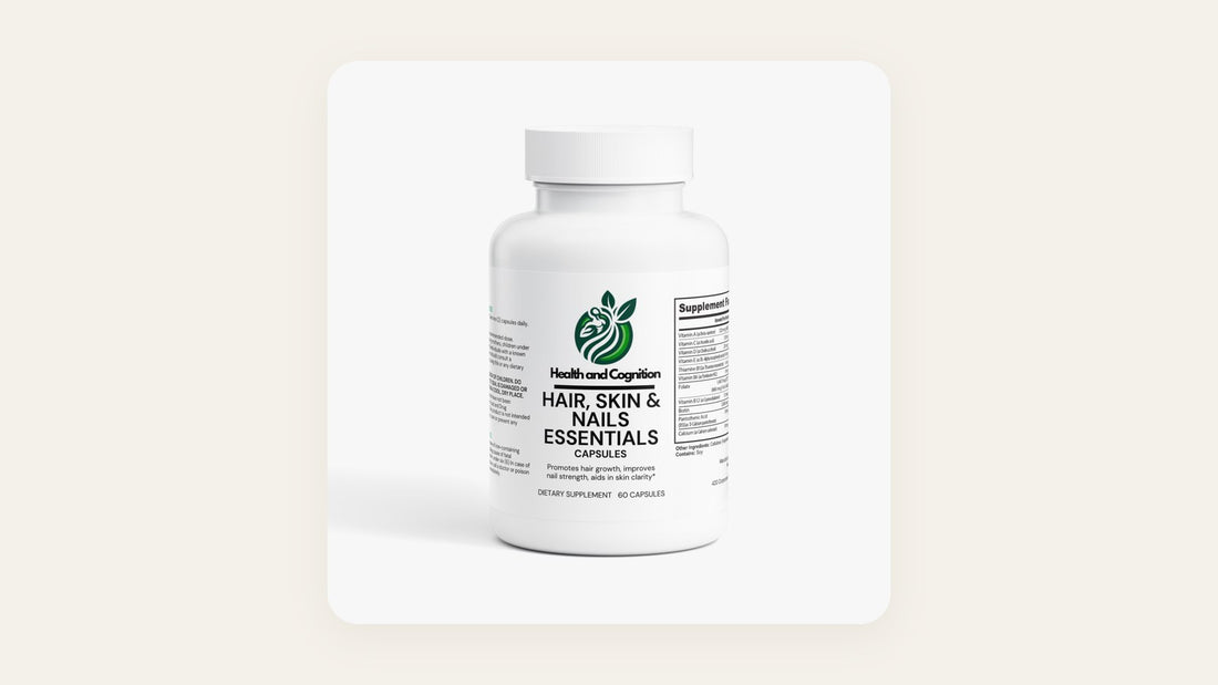 Health and Cognition Hair, Skin and Nails Essentials supplement bottle with biotin