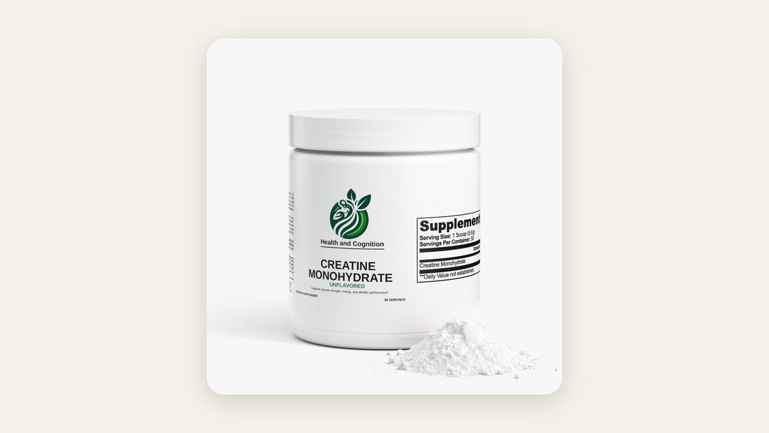Health and Cognition Creatine Monohydrate jar beside a pile of creatine powder