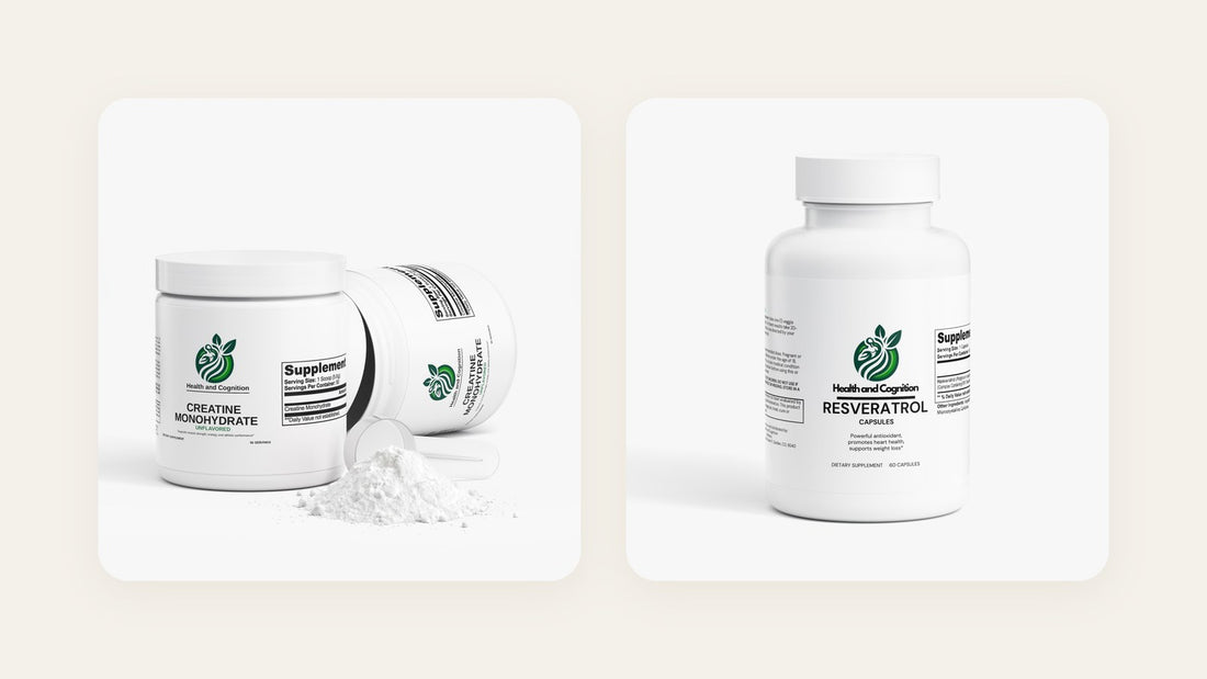 Health and Cognition Creatine Monohydrate and Resveratrol 50% 600mg bottles