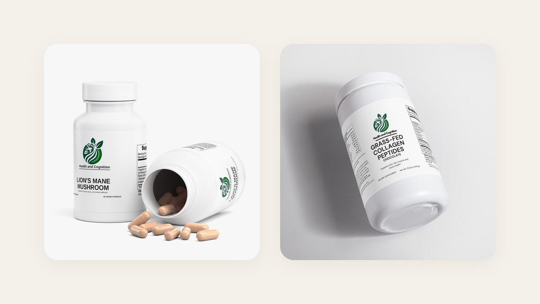 Health and Cognition Lion's Mane Mushroom bottle and Grass-Fed Collagen Peptides tub