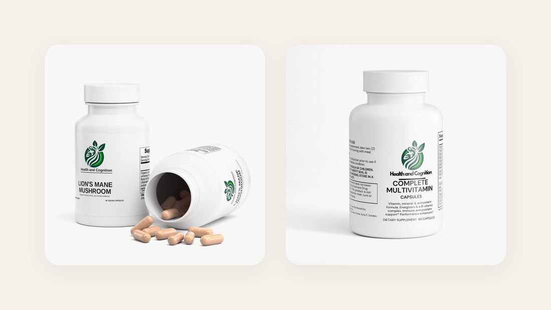 Health and Cognition Lion's Mane Mushroom and Complete Multivitamin supplement bottles