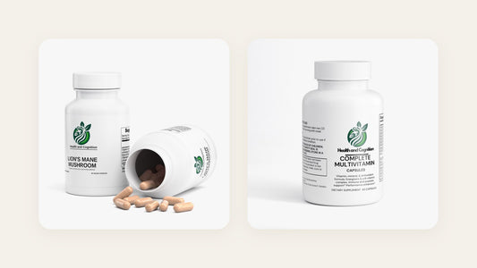 Health and Cognition Lion's Mane Mushroom and Complete Multivitamin supplement bottles