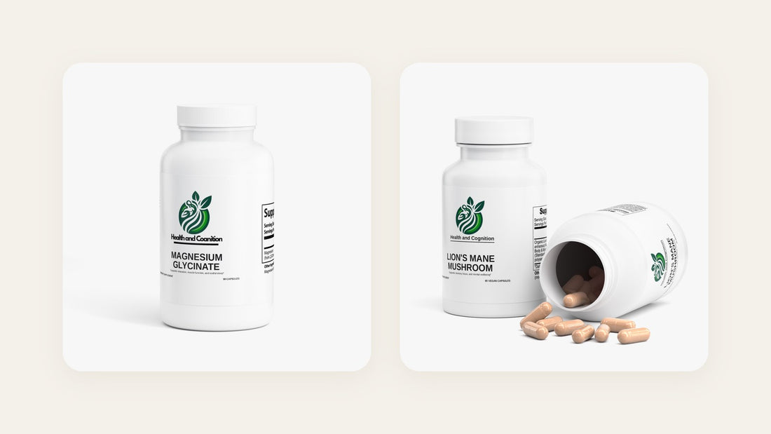 Health and Cognition Magnesium Glycinate and Lion's Mane Mushroom supplement bottles