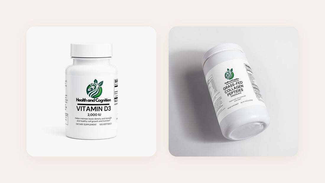 Health and Cognition Vitamin D3 2,000 IU bottle and Grass-Fed Collagen Peptides tub