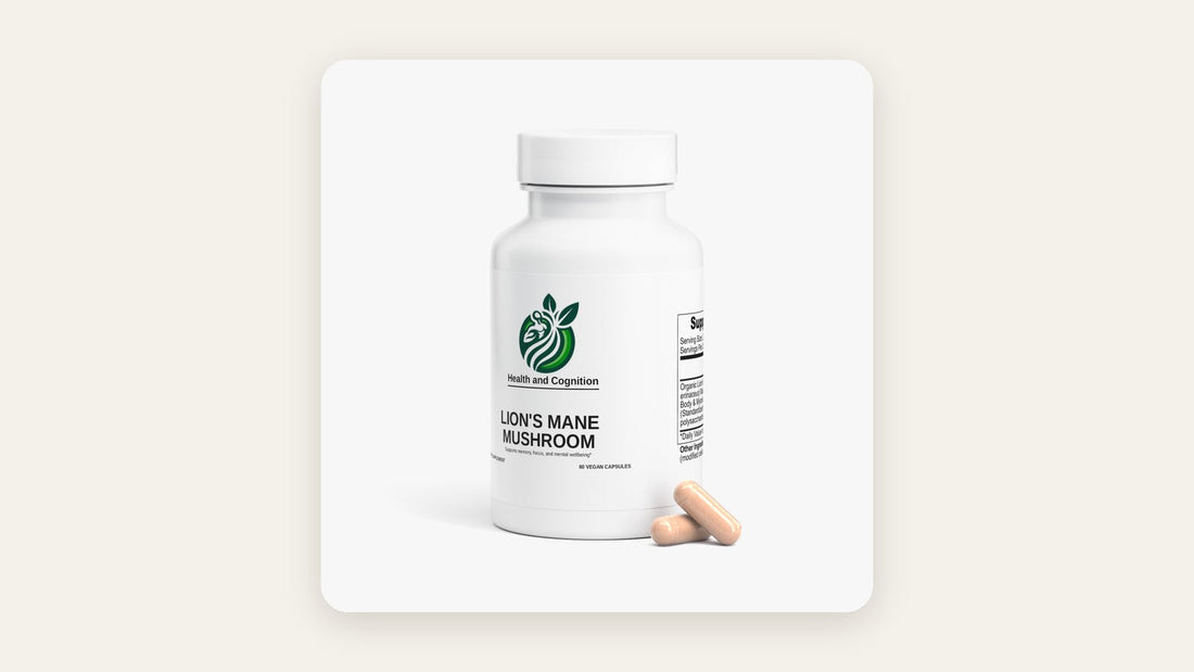 Health and Cognition Lion's Mane Mushroom bottle with capsules