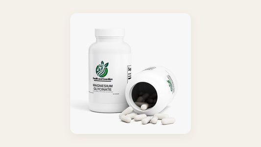 Health and Cognition Magnesium Glycinate bottle with capsules spilling out