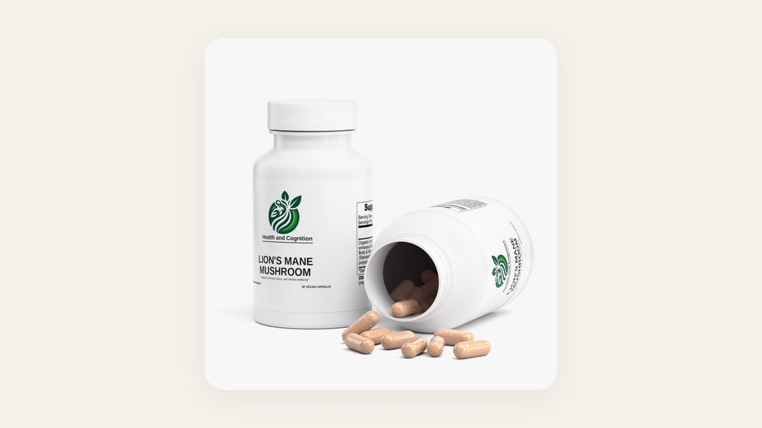 Health and Cognition Lion's Mane Mushroom bottles with capsules spilling out