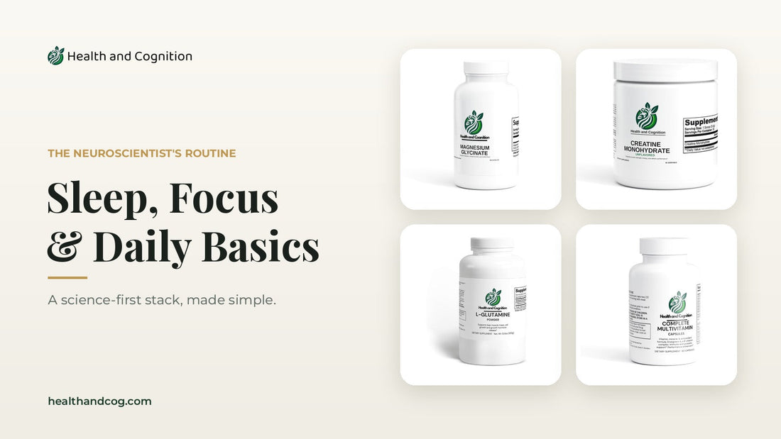 Health & Cognition Magnesium Glycinate, Creatine Monohydrate, L-Glutamine Powder and Complete Multivitamin, a science-first daily stack