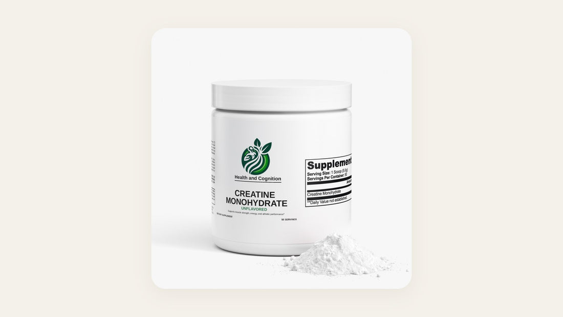Health and Cognition Creatine Monohydrate jar beside a pile of creatine powder