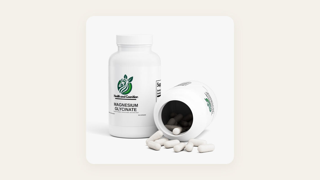 Health and Cognition Magnesium Glycinate bottles with capsules spilling out